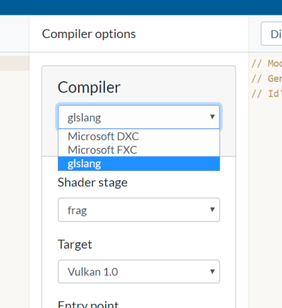 Screenshot of compiler dropdown